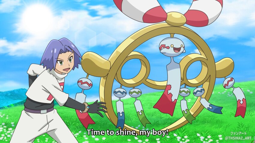 1boy black_gloves blue_sky chimecho cloud colored_sclera day flower gen_3_pokemon gloves grass green_eyes happy highres james_(pokemon) mega_chimecho mega_pokemon mega_ring nintendo open_mouth outdoors pants pokemon pokemon_(anime) pokemon_(creature) pokemon_rse_(anime) shirt sky smile team_rocket team_rocket_uniform thsinaz undershirt white_pants white_shirt wind_chime yellow_eyes yellow_sclera