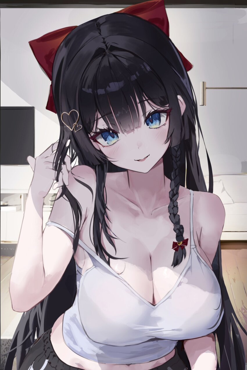 1girl arms_up bare_shoulders black_hair black_shorts blue_eyes blush bow braid breasts cleavage collarbone commentary couch flat_screen_tv hair_between_eyes hair_bow hair_ornament hand_in_own_hair head_tilt heart heart_hair_ornament highres indoors large_breasts long_hair looking_at_viewer open_mouth red_bow rug shirayuki_hina shirt shorts single_braid smile solo stellive strap_slip symbol-only_commentary television unfox_9 very_long_hair virtual_youtuber white_shirt