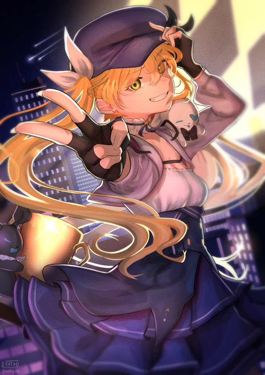 1girl absurdres bao_bao_(dokibird) black_gloves blonde_hair blue_hat blue_skirt breasts building cleavage commentary cup dokibird_(vtuber) dokibird_(vtuber)_(retro_doki) feet_out_of_frame fingerless_gloves gloves grin hat highres indie_virtual_youtuber l_yth long_hair long_sleeves looking_at_viewer mei_mei_(dokibird) night night_sky outdoors outstretched_arm shooting_star skirt sky small_breasts smile solo twintails v virtual_youtuber yellow_eyes