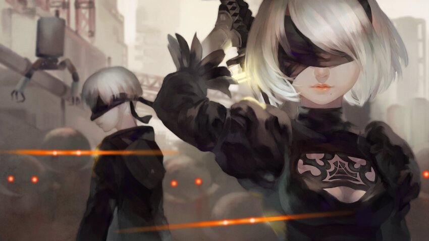 1boy 1girl 2b_(nier:automata) 9s_(nier:automata) black_blindfold black_dress black_jacket blindfold covered_eyes dress facing_viewer glowing glowing_eyes grey_hair highres jacket light_smile machine_(nier) nier:automata nier_(series) pod_(nier:automata) profile red_eyes robot satomatoma short_hair surrounded virtuous_contract