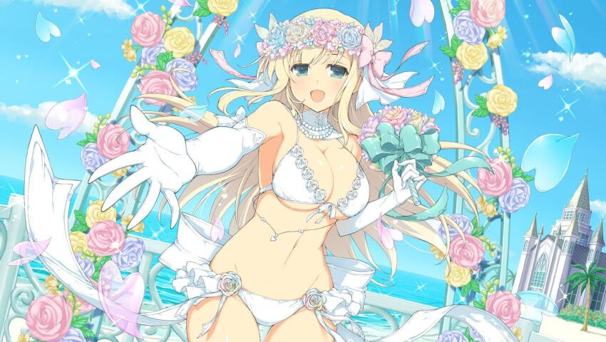 1girl aqua_eyes beach blonde_hair blue_flower blue_rose blue_sky blush bouquet bow bra breasts bridal_lingerie bride church cleavage cloud cowboy_shot day elbow_gloves falling_petals flower gloves gluteal_fold groin hair_bow hair_flower hair_ornament holding holding_bouquet jewelry large_breasts linea_alba lingerie long_hair looking_at_viewer multicolored_flower multicolored_rose navel necklace ocean official_alternate_costume official_art open_mouth palm_tree panties pearl_necklace petals pink_bow pink_flower pink_rose reaching reaching_towards_viewer red_flower ribbon rose senran_kagura senran_kagura_burst senran_kagura_new_link senran_kagura_shoujo-tachi_no_shin&#039;ei sky smile solo stairs steeple stomach tree underboob underwear underwear_only upper_body water white_bra white_gloves white_panties white_ribbon window yellow_flower yellow_rose yomi_(senran_kagura)