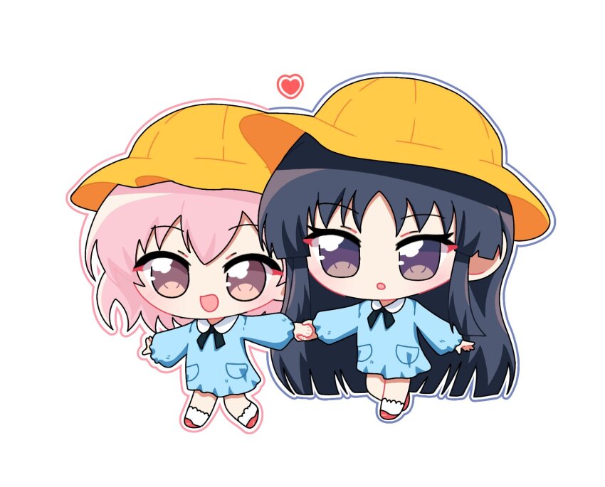 2girls :d :o aged_down arm_at_side assault_lily black_hair blue_dress blush chibi child commentary dress full_body hands_up hat highres hitotsuyanagi_riri holding_hands kindergarten_uniform leg_up long_hair long_sleeves looking_at_viewer multiple_girls official_alternate_costume open_mouth outstretched_arms parted_lips pink_eyes pink_hair pocket purple_eyes red_footwear school_hat shirai_yuyu shoes short_hair simple_background smile socks symbol-only_commentary very_long_hair walking white_background white_socks yellow_hat yui_(yui1115_)