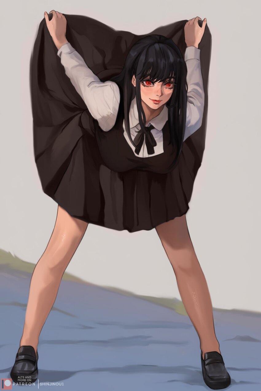 1girl artistic_error bent_over chainsaw_man clothes_lift dress fourth_east_high_school_uniform full_body highres lady_shin loafers no_scar pinafore_dress red_eyes ringed_eyes school_uniform shoes skirt skirt_lift sleeveless sleeveless_dress smile solo standing yoru_(chainsaw_man)