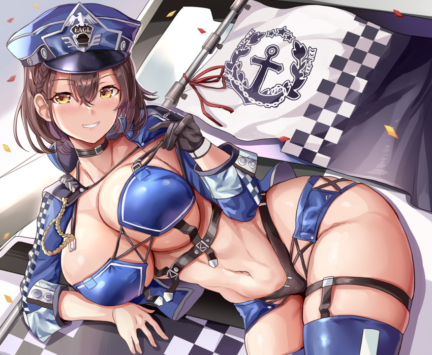 1girl azur_lane baltimore_(azur_lane) baltimore_(finish_line_flagbearer)_(azur_lane) bikini black_choker black_gloves blue_bikini blue_hat blue_jacket blue_thighhighs blush breasts brown_hair choker commentary_request flag gloves hat highres himuro_shunsuke jacket large_breasts long_sleeves navel official_alternate_costume parted_lips race_queen short_hair single_glove smile solo swimsuit teeth thighhighs thighs underboob