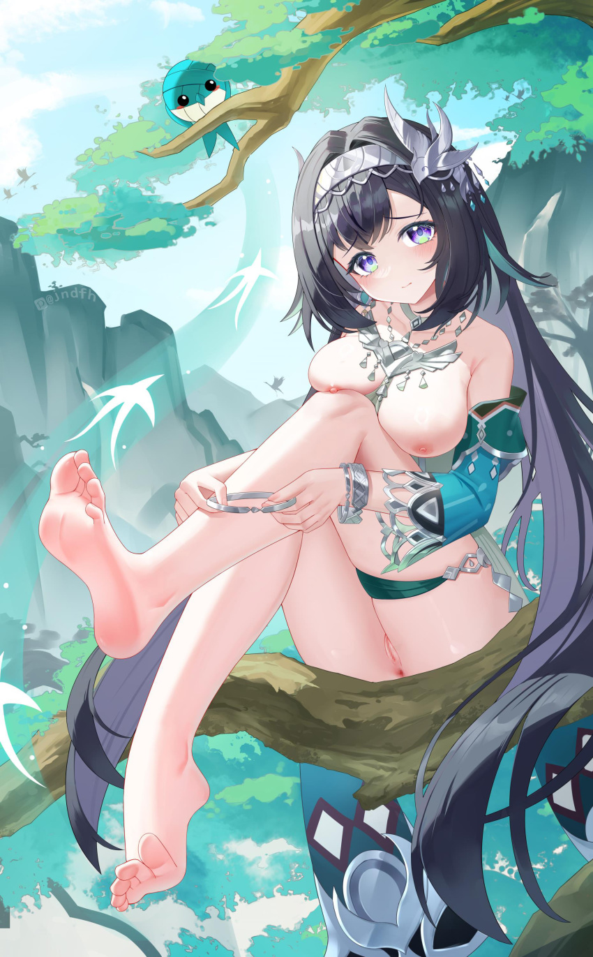 1girl absurdres anus aqua_bird aqua_sleeves bare_shoulders barefoot bird bird_hair_ornament black_hair blush breasts breasts_out censored chinese_commentary collarbone commentary_request day detached_sleeves feet fingernails foot_focus genshin_impact hair_between_eyes hair_ornament hairband heart heart-shaped_pupils highres holding in_tree jndfh lan_yan_(genshin_impact) large_breasts large_variant_set long_hair looking_at_viewer mosaic_censoring nipples open_mouth outdoors peanut_mouth pixiv_logo pixiv_username purple_eyes pussy sitting sitting_in_tree sitting_on_branch soles solo symbol-shaped_pupils toes tree variant_set very_long_hair white_hairband