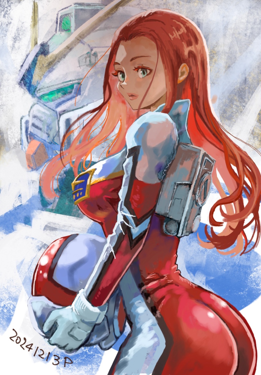 1girl ass blue_eyes christina_mackenzie commentary dated english_commentary gundam gundam_0080 gundam_alex helmet highres holding holding_helmet long_hair looking_at_viewer mecha mecha_pilot_suit mobile_suit normal_suit_(gundam) okrdisk2000 orange_hair robot science_fiction solo unworn_headwear unworn_helmet v-fin
