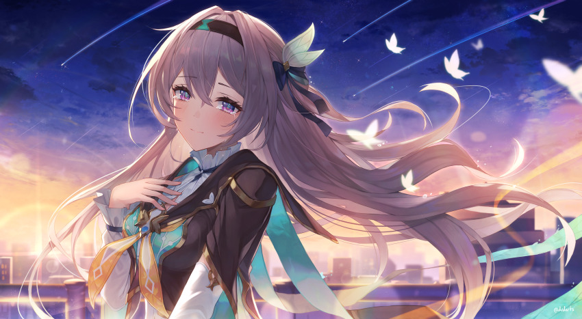 1girl absurdres black_bow black_hairband black_jacket blue_eyes blue_sky bow bug butterfly collar commentary crying crying_with_eyes_open dvdarts firefly_(honkai:_star_rail) frilled_collar frills from_side hair_between_eyes hair_bow hair_intakes hair_ornament hairband hand_on_own_chest highres honkai:_star_rail honkai_(series) insect jacket light_blush long_hair looking_at_viewer multicolored_eyes necktie outdoors purple_eyes shirt sidelocks sky smile solo sunrise tears twitter_username two-tone_eyes upper_body white_butterfly white_shirt yellow_necktie