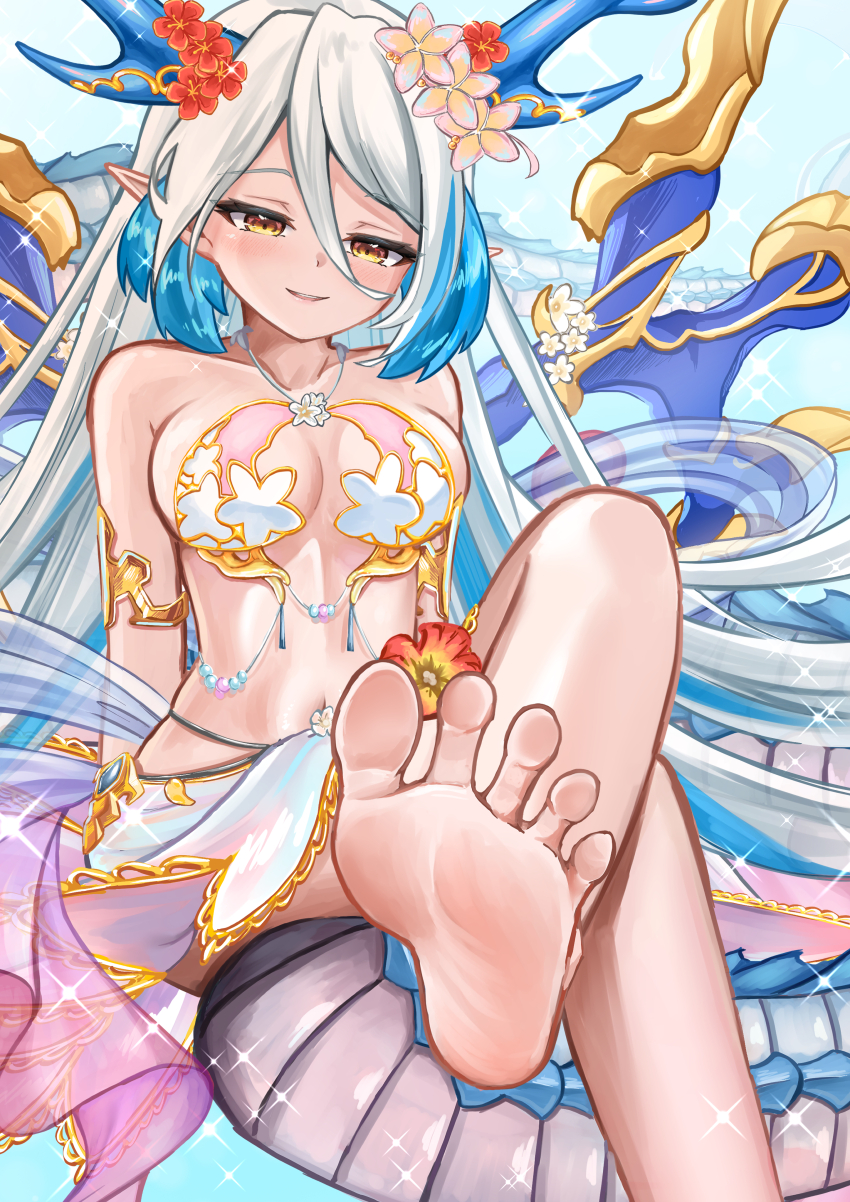 1girl absurdres barefoot blush chrochlomyl crossed_legs dragon_horns dragon_tail feet highres horns long_hair multicolored_hair parted_lips pointy_ears soles streaked_hair tail toes white_hair yellow_eyes