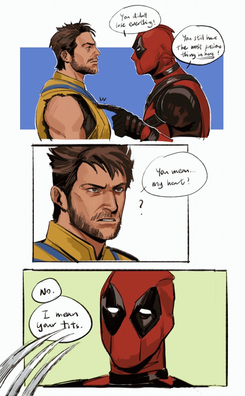 2boys ? beard black_gloves bodysuit brown_hair claw_(weapon) closed_mouth commentary deadpool deadpool_&amp;_wolverine deadpool_(series) english_text facial_hair gloves highres imminent_attack kdf_(nomorelemontea) looking_at_another male_focus marvel marvel_cinematic_universe multiple_boys muscular muscular_male pectorals red_bodysuit red_mask short_hair sleeveless speech_bubble superhero_costume symbol-only_commentary teeth weapon wolverine_(x-men) x-men yaoi yellow_bodysuit