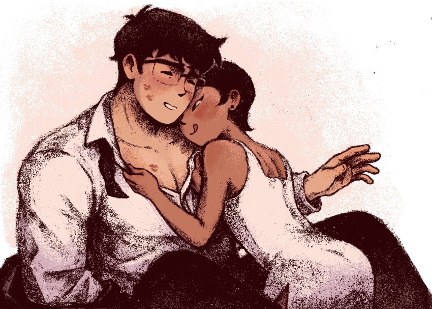 1boy 1girl :q black-framed_eyewear black_hair black_pants blush clark_kent closed_eyes collared_shirt commentary d-e-r-i dark-skinned_female dark_skin dc_comics dress earrings glasses hetero highres jewelry lipstick_mark lipstick_mark_on_chest lipstick_mark_on_face lois_lane my_adventures_with_superman open_clothes open_shirt pants shirt short_hair smile stud_earrings superman_(series) symbol-only_commentary tongue tongue_out white_dress