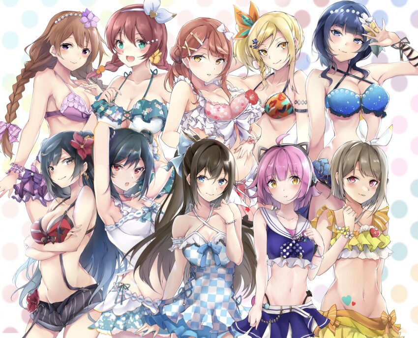 ahoge armpits asaka_karin asymmetrical_bikini asymmetrical_hair bad_id bad_twitter_id bead_hairband beads bikini black_hair black_shorts blonde_hair blue_bikini blue_bow blue_eyes blue_hair blue_one-piece_swimsuit blunt_bangs blunt_ends bob_cut bow braid braided_sidelock breasts brown_hair bun_with_braided_base caicos checkered_clothes checkered_swimsuit cleavage closed_mouth collarbone commentary_request cross-laced_bikini cross-laced_clothes double_bun emma_verde flower freckles frilled_bikini frills green_bikini grey_eyes hair_between_eyes hair_bow hair_bun hair_flower hair_ornament hairclip half_updo highres kishimen_hair konoe_kanata large_breasts long_hair love_live! love_live!_nijigasaki_high_school_idol_club love_live!_school_idol_festival_all_stars low_twin_braids medium_hair mifune_shioriko miyashita_ai nakasu_kasumi navel official_alternate_costume official_alternate_hairstyle one-piece_swimsuit orange_bikini orange_eyes osaka_shizuku pink_bikini pink_hair pinstripe_shorts purple_bikini purple_eyes red_bikini red_eyes sailor_bikini sailor_collar short_hair short_shorts shorts side_ponytail single_side_bun small_breasts swept_bangs swimsuit tennoji_rina twin_braids uehara_ayumu white_bikini white_sailor_collar yellow_bikini yellow_eyes yellow_flower yuki_setsuna