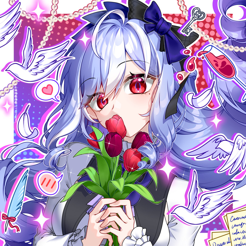 1girl ahoge ascot bird drill_hair feathers flower hairband highres holding holding_flower huangshangninzheishiximaia91811 key long_hair looking_at_viewer mole mole_under_eye pointy_ears purple_ascot purple_hair purple_hairband red_eyes shrug_(clothing) upper_body vivian_banshee white_bird white_shrug zenless_zone_zero