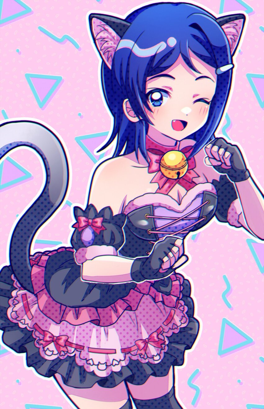 1girl 81_(mellowry) alternate_costume animal_ears arm_cuffs bare_shoulders bell birthday black_gloves black_socks blue_eyes blue_hair blush bodice bow bowtie breasts cat_ears cat_tail cleavage clenched_hands commentary_request dot_nose dress feet_out_of_frame fingerless_gloves frilled_dress frills gloves hair_ornament hairclip hands_up highres idol idol_clothes idolmaster idolmaster_dearly_stars kneehighs layered_dress leaning_forward looking_at_viewer medium_breasts medium_hair mizutani_eri multicolored_dress neck_bell one_eye_closed open_mouth parted_bangs pink_bow pink_bowtie pink_ribbon ribbon short_bangs sleeveless sleeveless_dress smile socks solo standing straight_hair strapless strapless_dress tail tongue