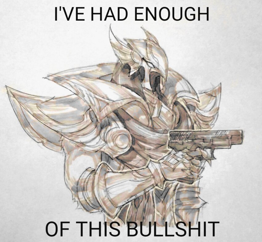 arm_at_side armband armor azir biceps bird bird_mask claws duplicate english_text greyscale gun handgun highres holding holding_gun holding_weapon kang league_of_legends mask meme metal monochrome profanity shortgun weapon