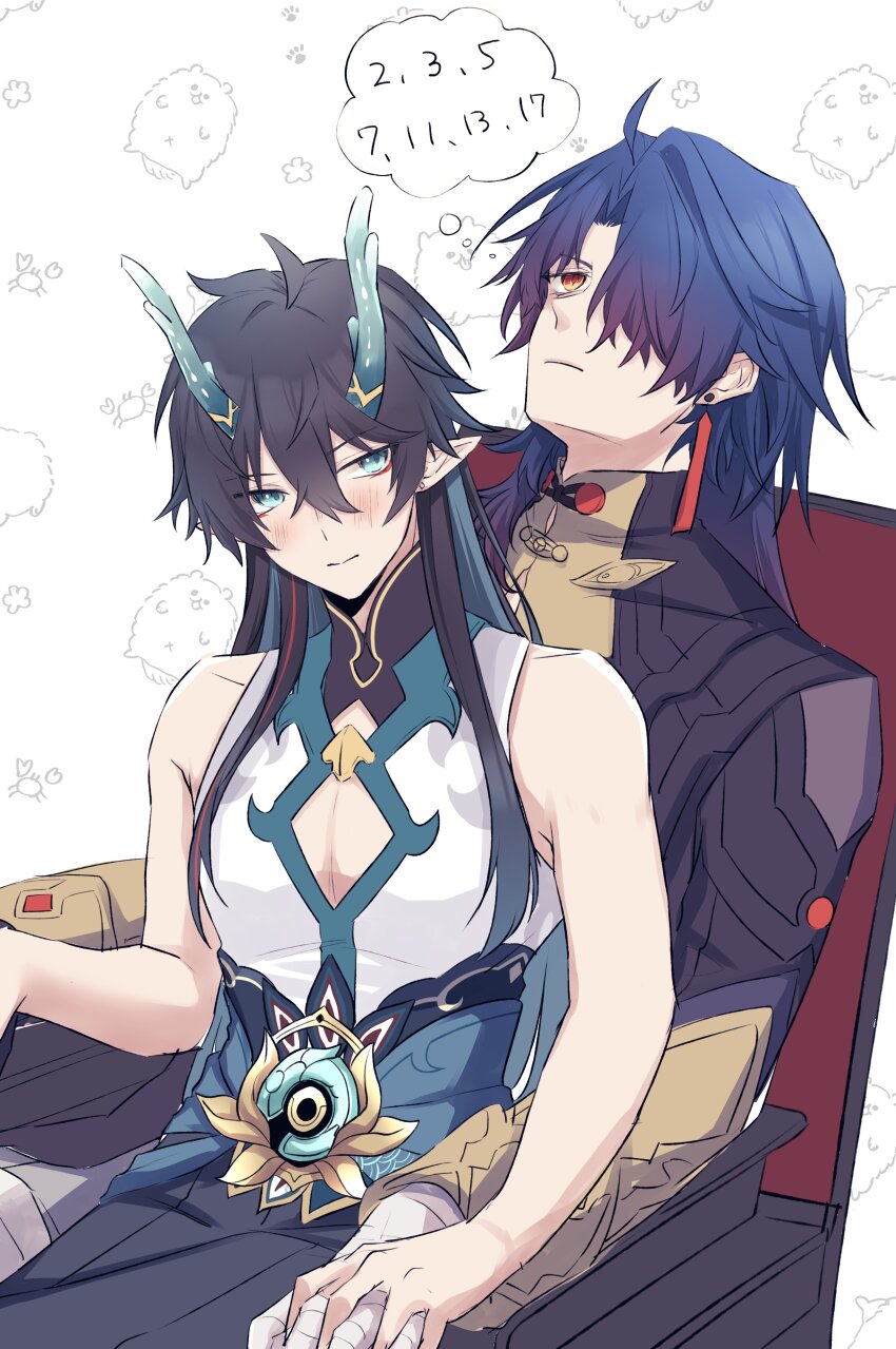 absurdres ahoge bandaged_hand bandages black_hair black_sleeves blade_(honkai:_star_rail) blue_hair blush chinese_clothes closed_mouth counting dan_heng_(honkai:_star_rail) dan_heng_(imbibitor_lunae)_(honkai:_star_rail) dragon_boy dragon_horns earrings expressionless eyeliner go_ya_o green_eyes green_horns hair_between_eyes hair_over_one_eye highres honkai:_star_rail honkai_(series) horns interlocked_fingers jewelry long_hair long_sleeves makeup male_focus multiple_boys pectoral_cleavage pectorals pointy_ears red_eyeliner red_eyes sitting sitting_on_person sleeveless wariza yaoi