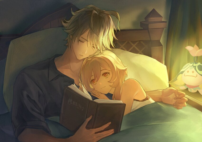 1boy 1girl alhaitham_(genshin_impact) antenna_hair bare_shoulders black_bra black_shirt blonde_hair book bra closed_eyes closed_mouth collared_shirt cuddling genshin_impact grey_hair hand_on_another&#039;s_chest head_tilt highres holding holding_book long_sidelocks lumine_(genshin_impact) parted_lips shirt short_hair sidelocks sleeping sleeves_rolled_up sq7lcqo32a687 tank_top turning_page under_covers underwear white_tank_top yellow_eyes