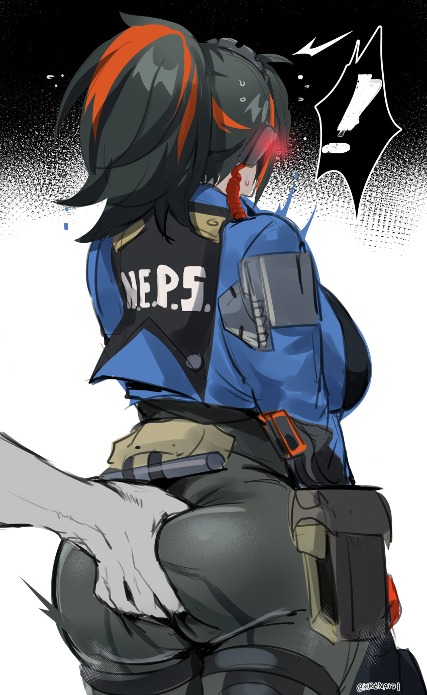 ! 1boy 1girl absurdres alternate_breast_size ass ass_focus black_hair blue_jacket blush breasts facing_away grabbing_another&#039;s_ass groping handlebar hetero highres huge_breasts jacket kurenaiz_(kuayrenaiz) multicolored_hair pants ponytail red_hair sketch solo_focus spoken_exclamation_mark streaked_hair zenless_zone_zero zhu_yuan
