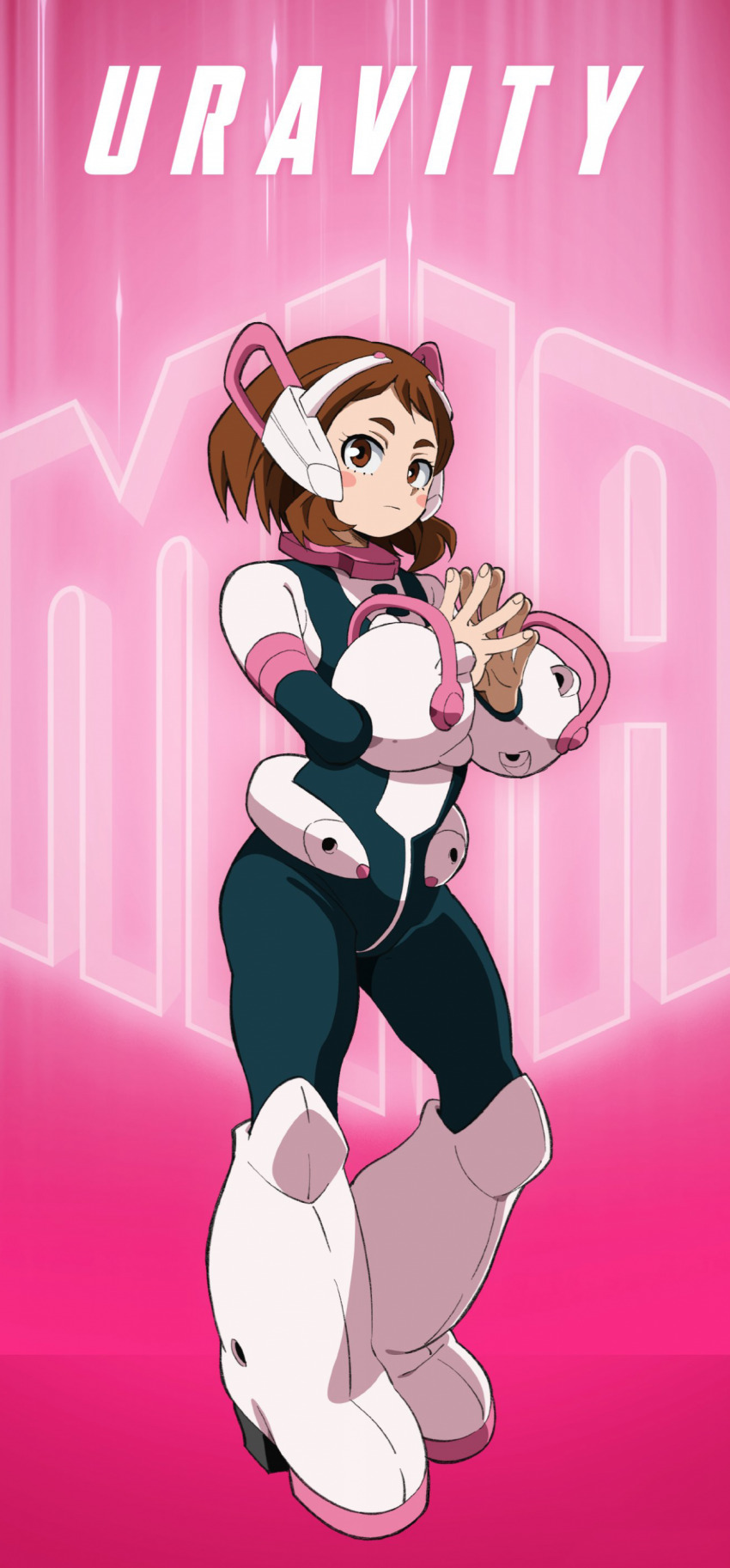1girl absurdres bed_sheet black_bodysuit blush_stickers bodysuit boku_no_hero_academia boots breasts brown_eyes brown_hair closed_mouth english_text female_focus full_body headpiece highres large_breasts long_image long_sleeves looking_at_viewer medium_hair multicolored_bodysuit pants pink_background pink_bodysuit pink_boots sexually_suggestive skin_tight solo solo_focus superhero_costume tight_clothes tight_pants two-tone_bodysuit uraraka_ochako uraraka_ochako_(hero_outfit)