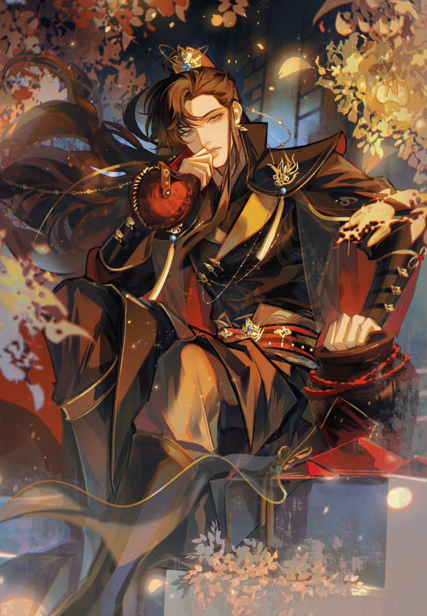 1boy absurdres artem_wing_(tears_of_themis) belt black_hair boots brown_hair cape chinese_clothes earrings flower hair_ornament highres holding jewelry long_hair long_sleeves looking_at_viewer male_focus night outdoors pants petals sitting solo tears_of_themis zhuowang233