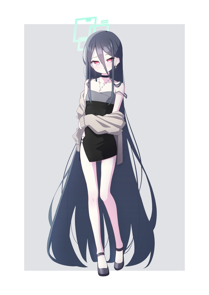 kei_(blue_archive) 1girl 525_woiwo absurdres bare_legs bare_shoulders black_choker black_dress black_footwear black_hair blue_archive breasts choker closed_mouth collarbone commentary_request cosplay dress earrings full_body grey_jacket hair_between_eyes halo highres holding_own_arm jacket jewelry kayoko_(blue_archive) kayoko_(blue_archive)_(cosplay) kayoko_(dress)_(blue_archive) long_hair long_sleeves looking_at_viewer necklace off_shoulder red_eyes ringed_eyes short_dress sleeveless sleeveless_dress sleeves_past_wrists small_breasts solo standing strap_slip very_long_hair