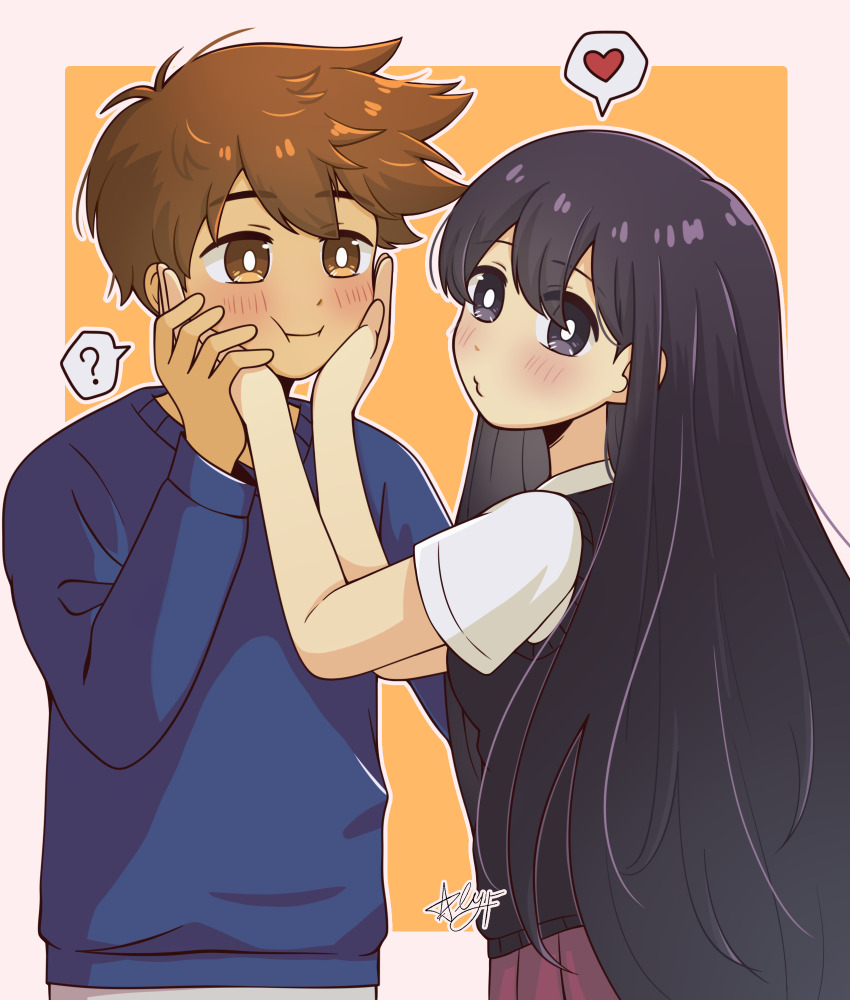 1boy 1girl ? black_eyes black_hair blue_sweater bright_pupils brown_eyes brown_hair collared_shirt dark-skinned_male dark_skin hands_on_another&#039;s_cheeks hands_on_another&#039;s_face heart hero_(faraway)_(omori) hero_(omori) highres long_hair mari_(faraway)_(omori) mari_(omori) omori pleated_skirt red_skirt shirt short_hair short_sleeves skirt speech_bubble spoken_heart spoken_question_mark starlyfnnctn sweater white_pupils white_shirt