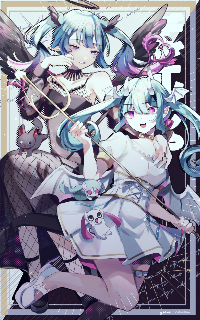 absurdres aimaina aqua_hair black_dress black_halo black_wings choker corset cross-laced_clothes cross-laced_corset dark_halo demon_horns demon_wings devil_janai_mon_(vocaloid) doushite-chan dress fishnet_pantyhose fishnets hair_ornament halo hatsune_miku head_wings highres holding_polearm horns long_hair neenya_(deco27) open_mouth pantyhose polearm ruoruomi smile thigh_strap trident twintails very_long_hair vocaloid weapon white_dress wings