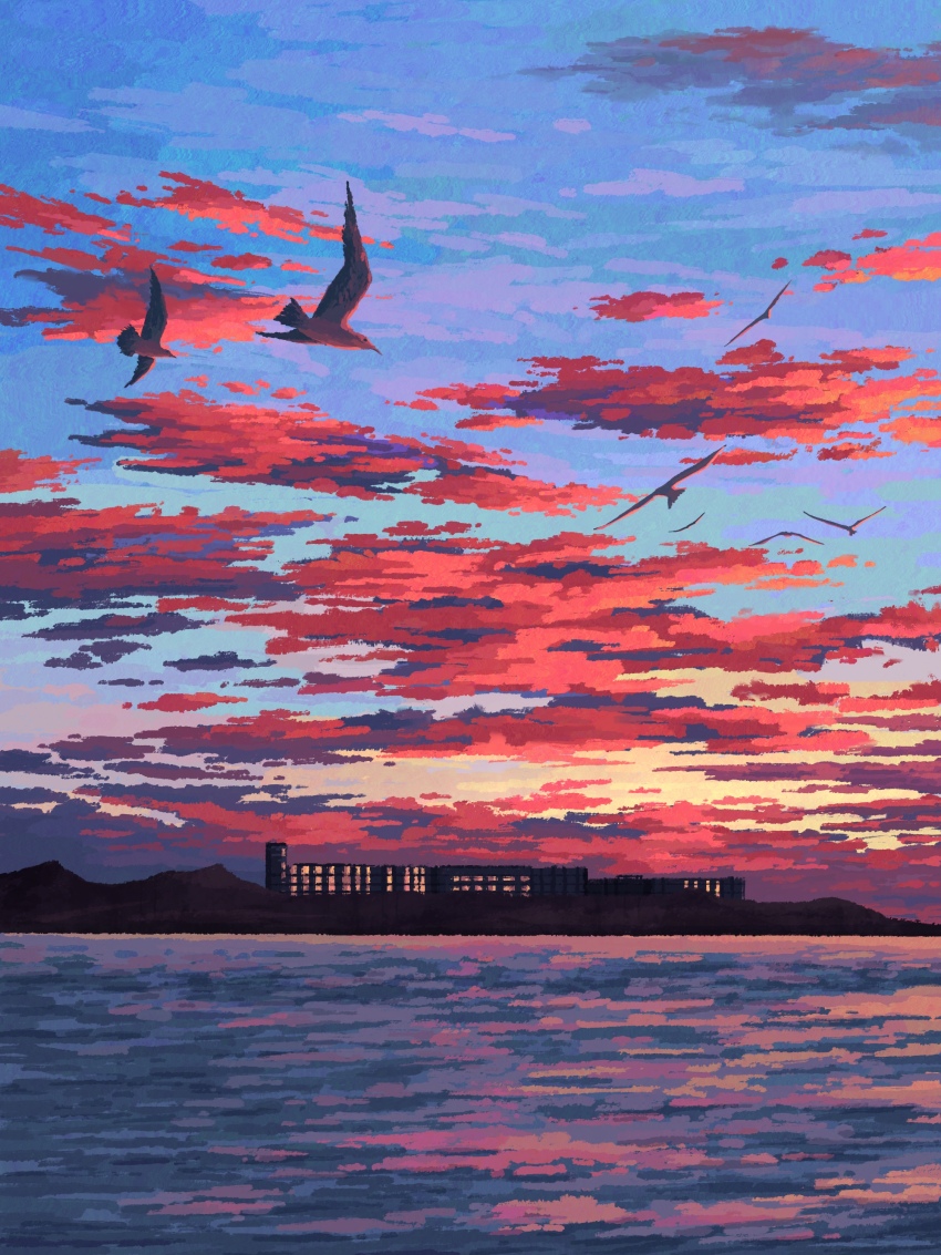absurdres animal bird blue_sky building chinese_commentary city_lights cloud cloudy_sky commentary_request evening fangpeii highres hill landscape mountainous_horizon no_humans ocean orange_clouds original scenery seagull sky sky_focus sunset water
