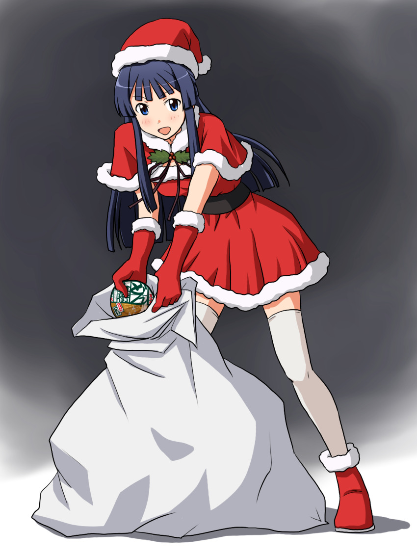 1girl belt black_belt blue_eyes blue_hair blush boots breasts capelet christmas commentary cup_ramen donbee_(food) donbei_kitsune_udon dress elbow_gloves full_body fur-trimmed_boots fur-trimmed_capelet fur-trimmed_dress fur-trimmed_gloves fur_trim gloves grey_background hat highres holly idolmaster idolmaster_million_live! instant_udon leaning_forward lielos long_hair looking_at_viewer mogami_shizuka nissin_donbei open_mouth red_boots red_capelet red_dress red_gloves red_hat sack santa_boots santa_costume santa_dress santa_gloves santa_hat short_dress sidelocks small_breasts smile solo straight_hair thighhighs thighs v-shaped_eyebrows white_thighhighs