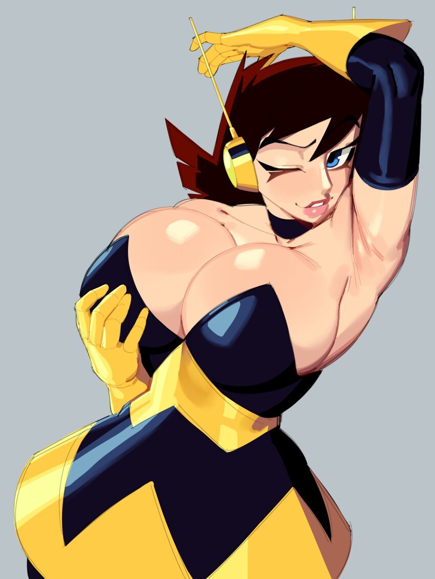 1girl arm_up armpits blue_eyes breasts brown_hair cleavage commentary detached_sleeves english_commentary gloves grabbing_own_breast grey_background highres janet_van_dyne large_breasts looking_at_viewer marvel nezulet one_eye_closed standing the_avengers:_earth&#039;s_mightiest_heroes! upper_body wasp_(marvel)