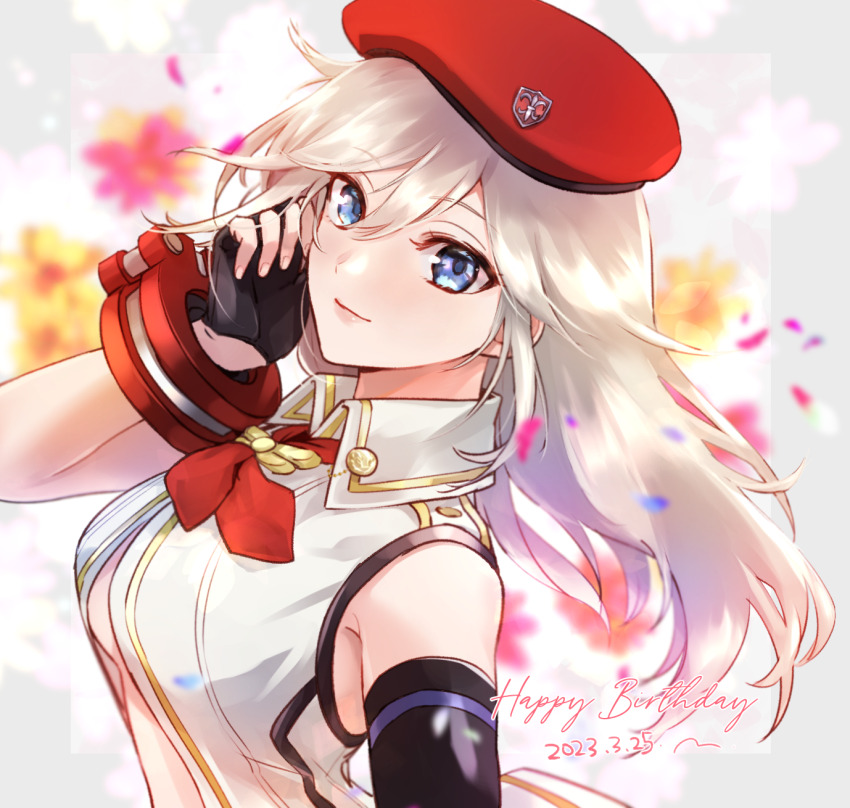 1girl alisa_ilinichina_amiella asymmetrical_gloves bare_shoulders beret blue_eyes bracer breasts closed_mouth collared_shirt commentary_request dated elbow_gloves fingerless_gloves gloves god_eater god_eater_2:_rage_burst grey_hair hair_between_eyes hand_up happy_birthday hat highres long_hair looking_at_viewer medium_breasts neckerchief partially_unbuttoned red_neckerchief shirt sidelocks single_elbow_glove sleeveless sleeveless_shirt smile solo standing stomach torayama_(mps2nd) underboob upper_body white_shirt