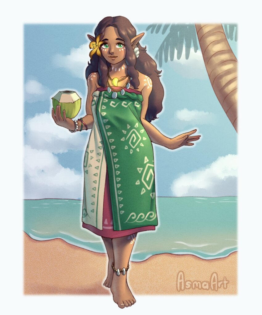 1girl alternate_hair_color anklet asma_art barefoot bracelet brown_hair coconut commentary dark-skinned_female dark_skin dress earrings english_commentary facial_tattoo flower food fruit full_body green_eyes hair_flower hair_ornament highres holding holding_food holding_fruit jewelry leg_tattoo multiple_bracelets neck_tattoo necklace nintendo ocean pointy_ears shell shell_earrings shoulder_tattoo solo sonia_(zelda) strapless strapless_dress tattoo the_legend_of_zelda the_legend_of_zelda:_tears_of_the_kingdom tree tube_dress
