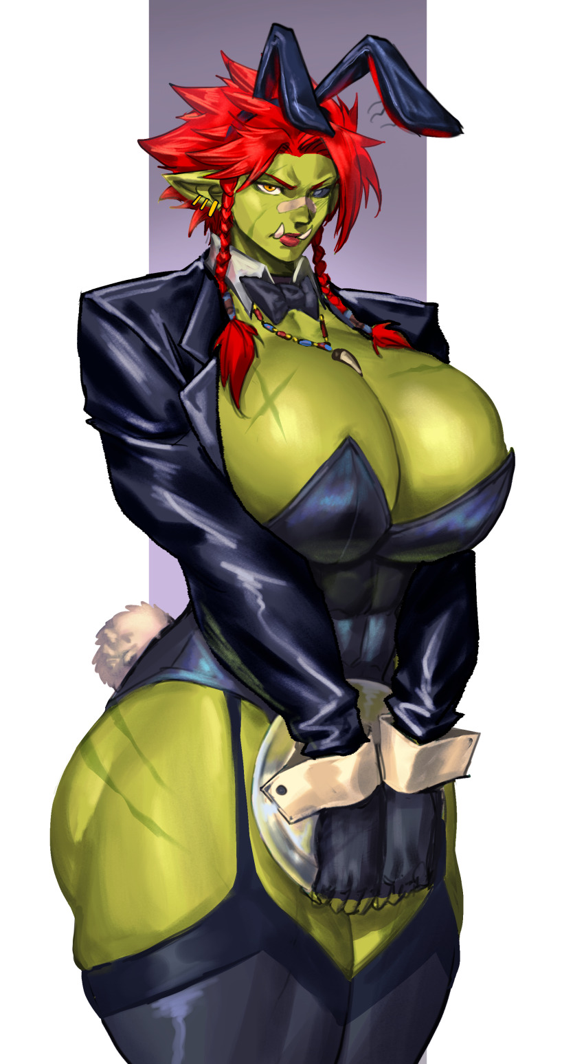 1girl absurdres animal_ears bandaid bandaid_on_face bandaid_on_nose black_bow black_bowtie black_garter_straps black_gloves black_leotard black_shrug black_thighhighs bow bowtie braid breasts cassandra_(virgoart) cleavage collar colored_skin detached_collar female_orc fingerless_gloves garter_straps gloves green_skin grey_eyes heterochromia highres huge_breasts jewelry leotard mismatched_sclera muscular muscular_female necklace orange_eyes orc original pendant playboy_bunny pointy_ears rabbit_ears rabbit_tail red_hair scar scar_on_breasts scar_on_face scar_on_hip shrug_(clothing) solo strapless strapless_leotard tail thighhighs tooth_necklace tusks twin_braids virgoart white_collar white_wrist_cuffs wrist_cuffs