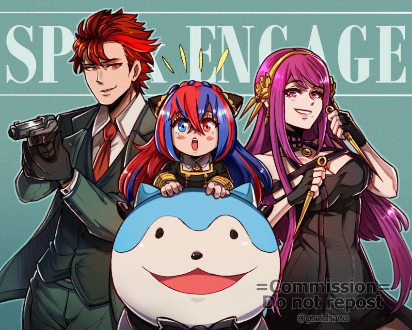 1boy 2girls aged_down female_alear_(fire_emblem) anya_(spy_x_family) anya_(spy_x_family)_(cosplay) blue_eyes blue_hair commission cosplay crossed_bangs crossover diamant_(fire_emblem) fire_emblem fire_emblem_engage gzei hair_between_eyes heterochromia highres ivy_(fire_emblem) long_hair matching_hair/eyes multicolored_hair multiple_girls nintendo purple_eyes purple_hair red_eyes red_hair short_hair split-color_hair spy_x_family twilight_(spy_x_family) twilight_(spy_x_family)_(cosplay) two-tone_hair very_long_hair vgen_commission yor_briar yor_briar_(cosplay)