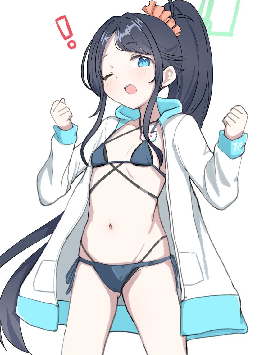 ! 1girl aris_(blue_archive) blue_archive blue_eyes blush breasts clenched_hands commentary_request cosplay green_halo hair_ornament hair_scrunchie halo highres jacket kaito_(kaito921125) kikyou_(blue_archive) kikyou_(blue_archive)_(cosplay) long_hair looking_at_viewer navel one_eye_closed open_clothes open_jacket open_mouth orange_scrunchie ponytail scrunchie simple_background small_breasts solo standing very_long_hair white_background white_jacket