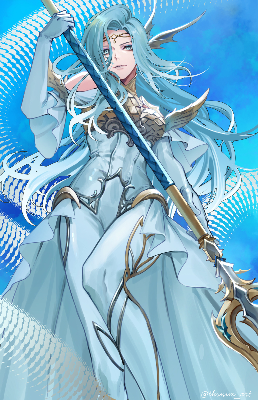 1girl absurdres armor blue_background blue_bodysuit blue_dress blue_eyes blue_gloves blue_hair blue_theme bodysuit bodysuit_under_clothes boobplate breastplate circlet clothing_cutout commentary dress elbow_gloves eyeshadow feet_out_of_frame final_fantasy final_fantasy_xiv fins from_below gloves head_fins highres holding holding_polearm holding_polearm holding_weapon llymlaen long_hair looking_at_viewer makeup polearm purple_eyeshadow shoulder_cutout signature smile solo standing tk_(tksnim) trident twitter_username weapon wings