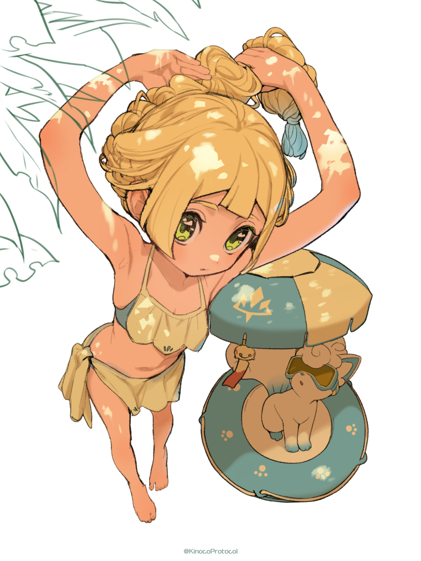 1girl alolan_form alolan_vulpix beach_umbrella bikini blonde_hair blunt_bangs braid breasts chimecho gen_3_pokemon gen_7_pokemon goggles green_eyes highres kinocopro lillie_(pokemon) long_hair looking_at_viewer nintendo pokemon pokemon_(anime) pokemon_(creature) pokemon_sm_(anime) swimsuit umbrella white_bikini