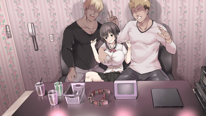 1girl 2boys absurdres blush breasts dark-skinned_male dark_skin double_v ewokakuman faceless faceless_male grabbed_breast_over_shoulder grabbing_another&#039;s_breast groping gyaruo height_difference highres karaoke large_breasts multiple_boys nervous nervous_smile nervous_sweating original school_uniform short_hair shortstack smile sweat sweatdrop tomboy v