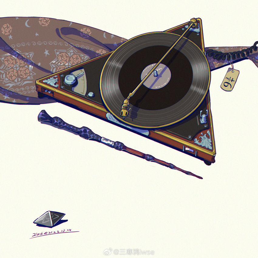 artist_name cable chromatic_aberration cloak dated harry_potter_(series) harry_potter_and_the_deathly_hallows highres iwse_zhang no_humans phonograph resurrection_stone signature simple_background still_life tag unworn_cloak vinyl_record wand watermark weibo_username weibo_watermark white_background wizarding_world