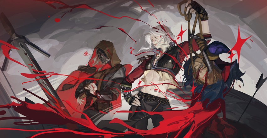 1boy 1girl absurdres arrow_(projectile) avallac&#039;h black_gloves black_pants blood blood_on_clothes blood_on_face blood_on_hands brown_gloves cape ciri cowboy_shot expressionless fingerless_gloves floating_hair gloves grey_hair guro hand_on_own_hip highres holding holding_weapon hood hood_up lips long_hair long_sleeves looking_at_another mask medium_hair midriff navel outdoors pants parted_bangs red_cape severed_head sin_node smile standing teeth the_witcher_(series) the_witcher_3 upper_teeth_only weapon white_hair wind yellow_eyes