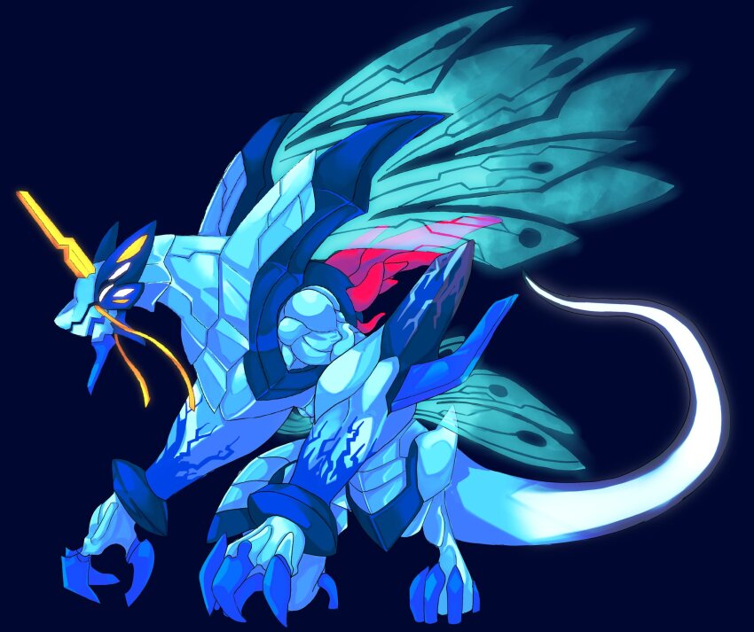 azure_striker_gunvolt azure_striker_gunvolt_3 bloodytig_turu blue_background blue_wings dragon energy_wings full_body gunvolt highres horns no_humans simple_background single_horn solo wings