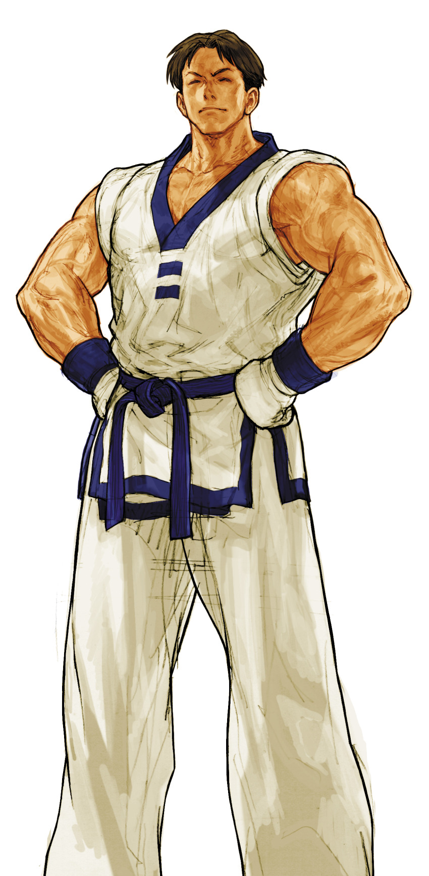 1boy absurdres capcom_vs_snk_2 closed_eyes closed_mouth dobok fatal_fury game_cg gloves hands_on_own_hips highres kim_dong_hwan male_focus muscular nishimura_kinu non-web_source official_art snk solo taekwondo veins veiny_arms