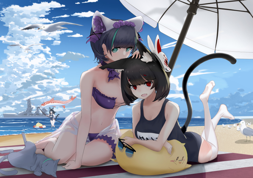 3girls animal_band animal_ear_fluff animal_ears azur_lane battleship beach bikini bird black_tail breasts cat cat_ears cat_tail cheshire_(azur_lane) cheshire_(summery_date!)_(azur_lane) cloud fake_animal_ears fang fox_mask fusou_(azur_lane) headpat highres koinobori large_breasts looking_at_viewer lying manjuu_(azur_lane) mask mask_on_head midriff military_vehicle multicolored_hair multiple_girls ocean official_alternate_costume on_stomach one-piece_swimsuit open_mouth red_eyes satsukitou school_swimsuit seagull ship sitting skin_fang sky standing strapless strapless_bikini sunglasses swimsuit tail thighhighs tinted_eyewear umbrella unworn_eyewear warship watercraft white_thighhighs windsock yamashiro_(azur_lane) yamashiro_(summer_offensive?)_(azur_lane)