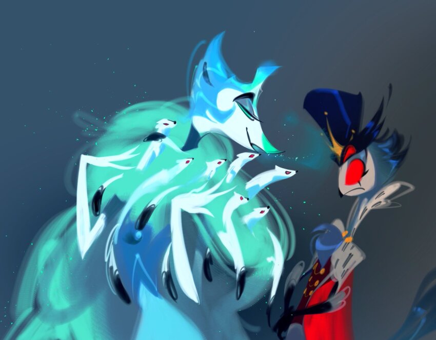 2boys andrealphus_(helluva_boss) aqua_coat aqua_sclera beak bird bird_boy black_headwear blue_dress bright_pupils cape closed_mouth coat colored_sclera cowboy_shot crown dark_background demon demon_boy dress elbow_gloves extra_eyes eyeshadow fur_coat gloves grey_eyeshadow grey_feathers hair_slicked_back hellaverse helluva_boss looking_back makeup multiple_boys owl_boy parted_lips peacock red_cape red_sclera stolas_(helluva_boss) supportasse surprised trains_rights weasel white_dress white_gloves white_pupils