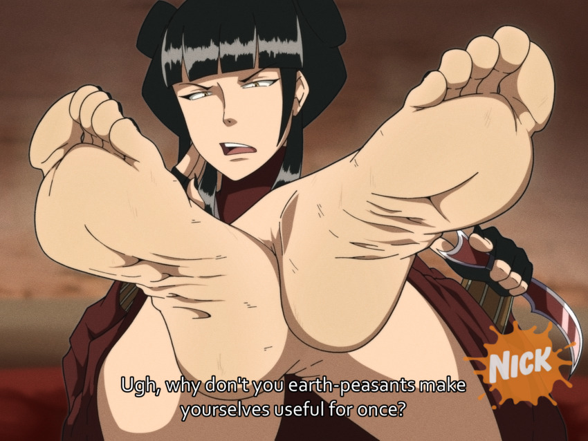 1girl annoyed avatar:_the_last_airbender avatar_legends barefoot black_hair black_nails blunt_bangs blurry blurry_background commentary double_bun english_commentary english_text feet feet_up fingerless_gloves fingernails foot_focus foreshortening gloves hair_bun highres holding holding_weapon kiryu_artwork looking_afar mai_(avatar) nail_polish nickelodeon presenting_foot sharp_fingernails sitting soles solo subtitled toes weapon