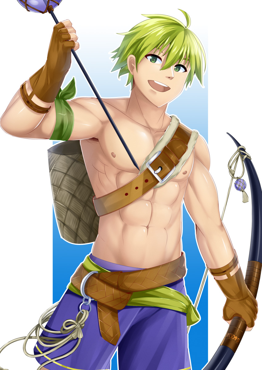 1boy abs absurdres arrow_(projectile) bara bow_(weapon) fire_emblem fire_emblem_heroes gloves green_eyes green_hair highres katou_shinobu muscular nintendo open_mouth smile weapon wolt_(fire_emblem)