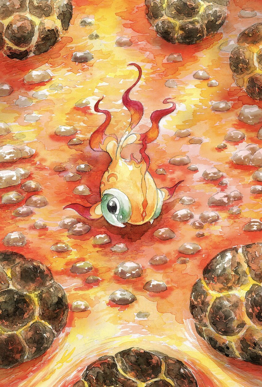 black_eyes chi-yu_(pokemon) fire fish floating full_body goldfish highres lava mint_nappa nintendo no_humans outdoors pokemon pokemon_(creature) pokemon_focus rock solo