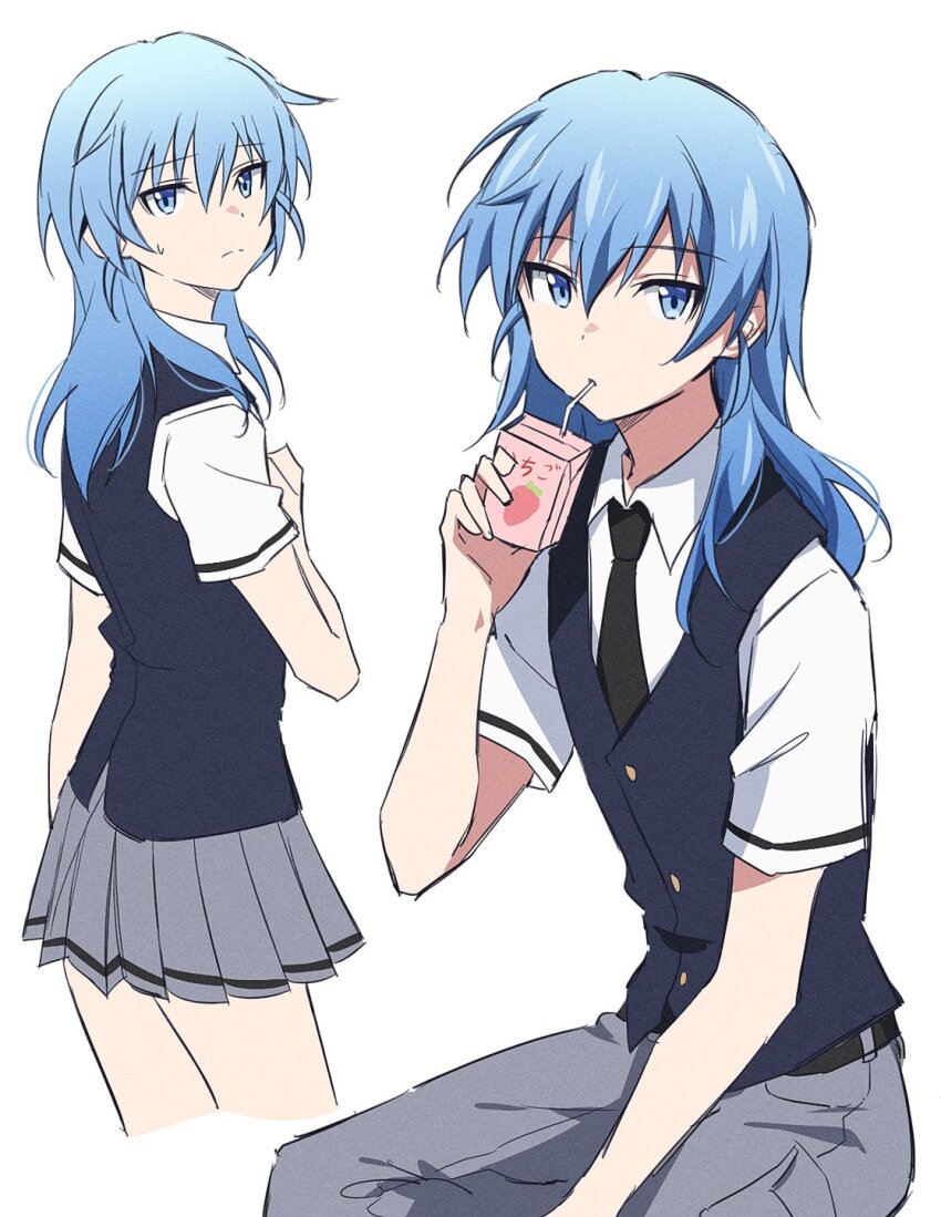 1boy androgynous ansatsu_kyoushitsu belt black_belt black_necktie black_vest blue_eyes blue_hair closed_mouth collared_shirt cowboy_shot cropped_legs crossdressing drinking drinking_straw drinking_straw_in_mouth frown grey_pants grey_skirt hair_between_eyes hair_down hand_on_own_chest highres holding_juice_box invisible_chair kunugigaoka_middle_school_uniform long_hair looking_at_viewer miniskirt multiple_views necktie pants pleated_skirt raised_eyebrows school_uniform shiota_nagisa shirt short_sleeves simple_background sitting skirt sweatdrop vest white_background white_shirt yur11