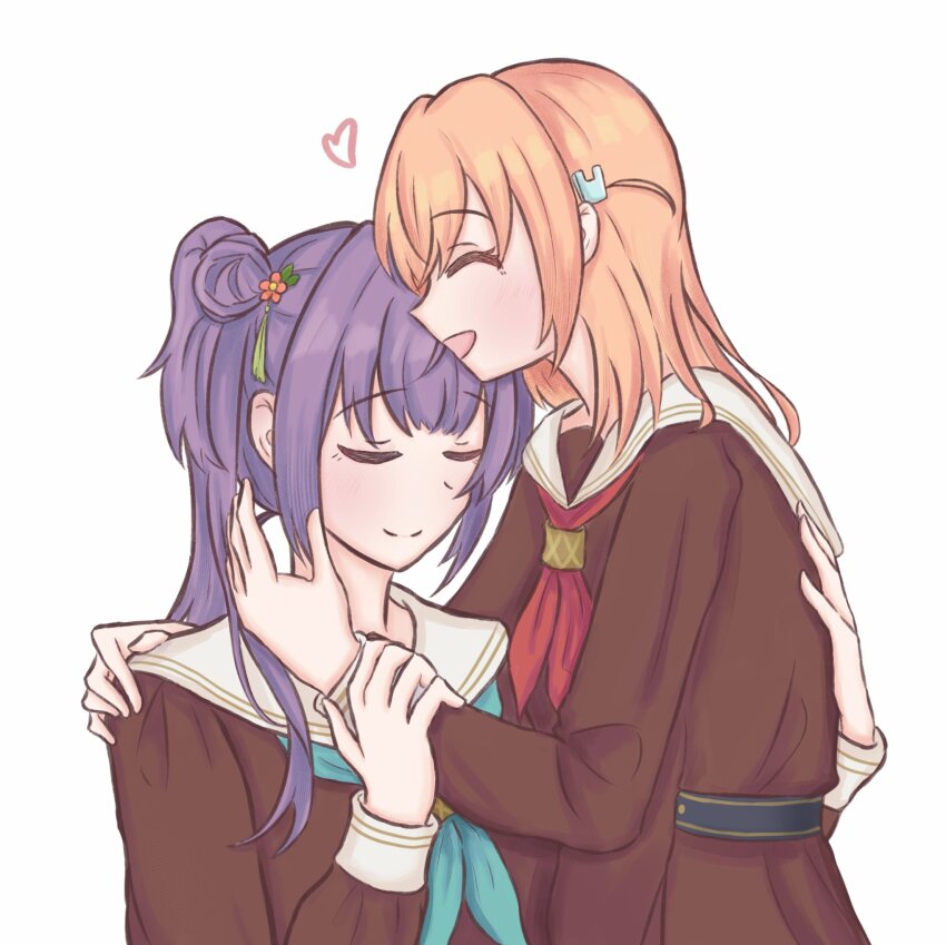 2girls aqua_neckerchief brown_dress cerise_bouquet closed_mouth commentary dress flower hair_bun hair_flower hair_ornament hand_on_another&#039;s_back hand_on_another&#039;s_shoulder hasu_no_sora_school_uniform heart highres hikari863126 hinoshita_kaho hug link!_like!_love_live! long_hair long_sleeves love_live! medium_hair multiple_girls neckerchief open_mouth orange_hair otomune_kozue purple_hair rabbit_hair_ornament red_flower red_neckerchief sailor_collar sailor_dress school_uniform side_ponytail sidelocks simple_background single_side_bun smile split_mouth standing symbol-only_commentary tassel tassel_hair_ornament two_side_up virtual_youtuber white_background white_sailor_collar winter_uniform