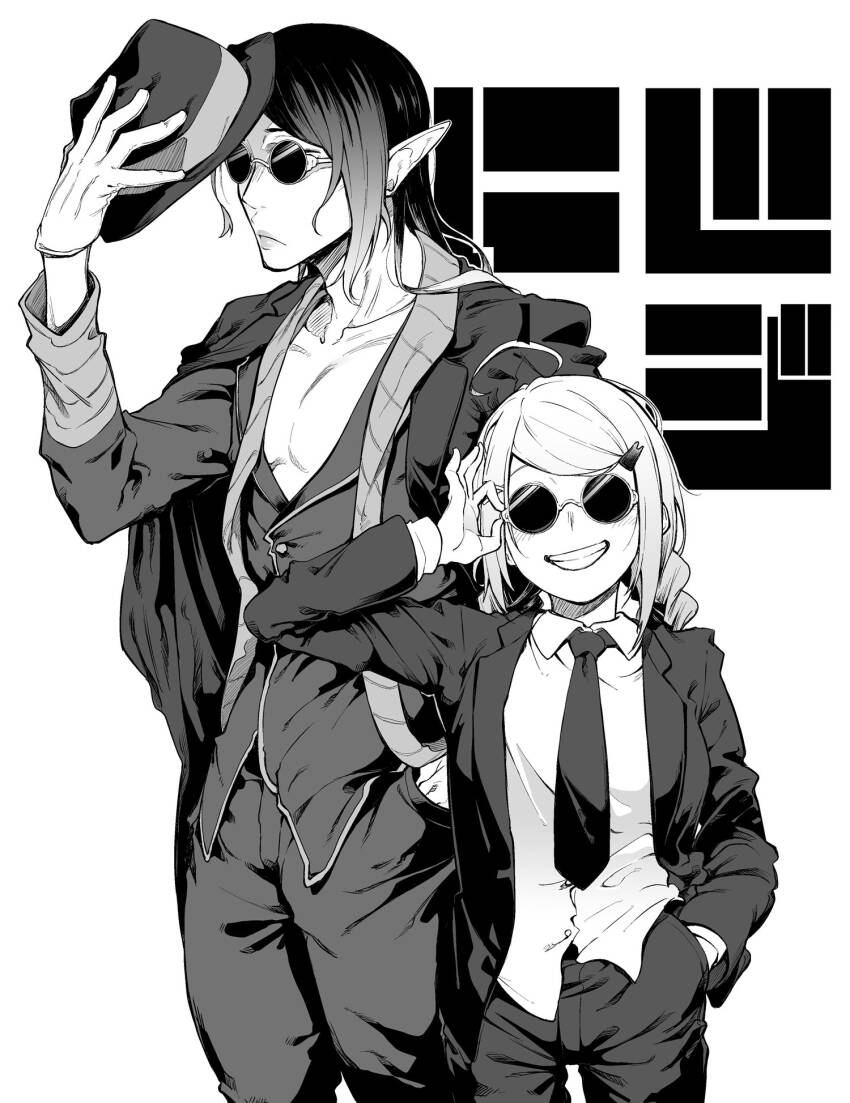 1boy 1girl blazer character_request closed_mouth collarbone collared_shirt copyright_request cowboy_shot fedora gloves greyscale grin hand_in_pocket hat highres jacket long_hair long_sleeves monochrome necktie open_clothes open_jacket pointy_ears shirt smile spirytus_tarou sunglasses untucked_shirt