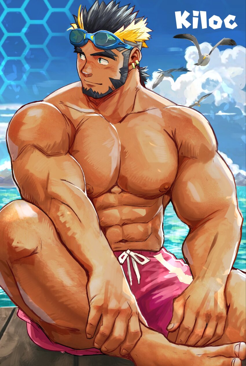 1boy abs bara barefoot beard bird blue_background closed_mouth cloud collarbone day ear_piercing facial_hair green_eyes highres kiloc_(live_a_hero) light_smile live_a_hero male_focus male_swimwear mature_male multicolored_hair multiple_piercings muscular muscular_male navel nipples ocean outdoors pectorals piercing pink_male_swimwear seagull short_hair solo suamaru toes two-tone_hair